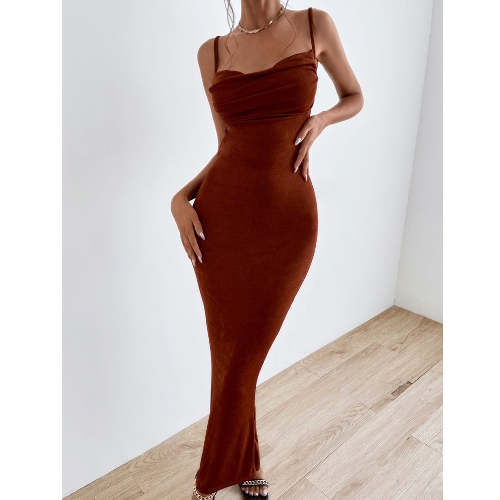 Backless Rust Brown Cowl Neck Long Slim Dress - Picture 7 of 11